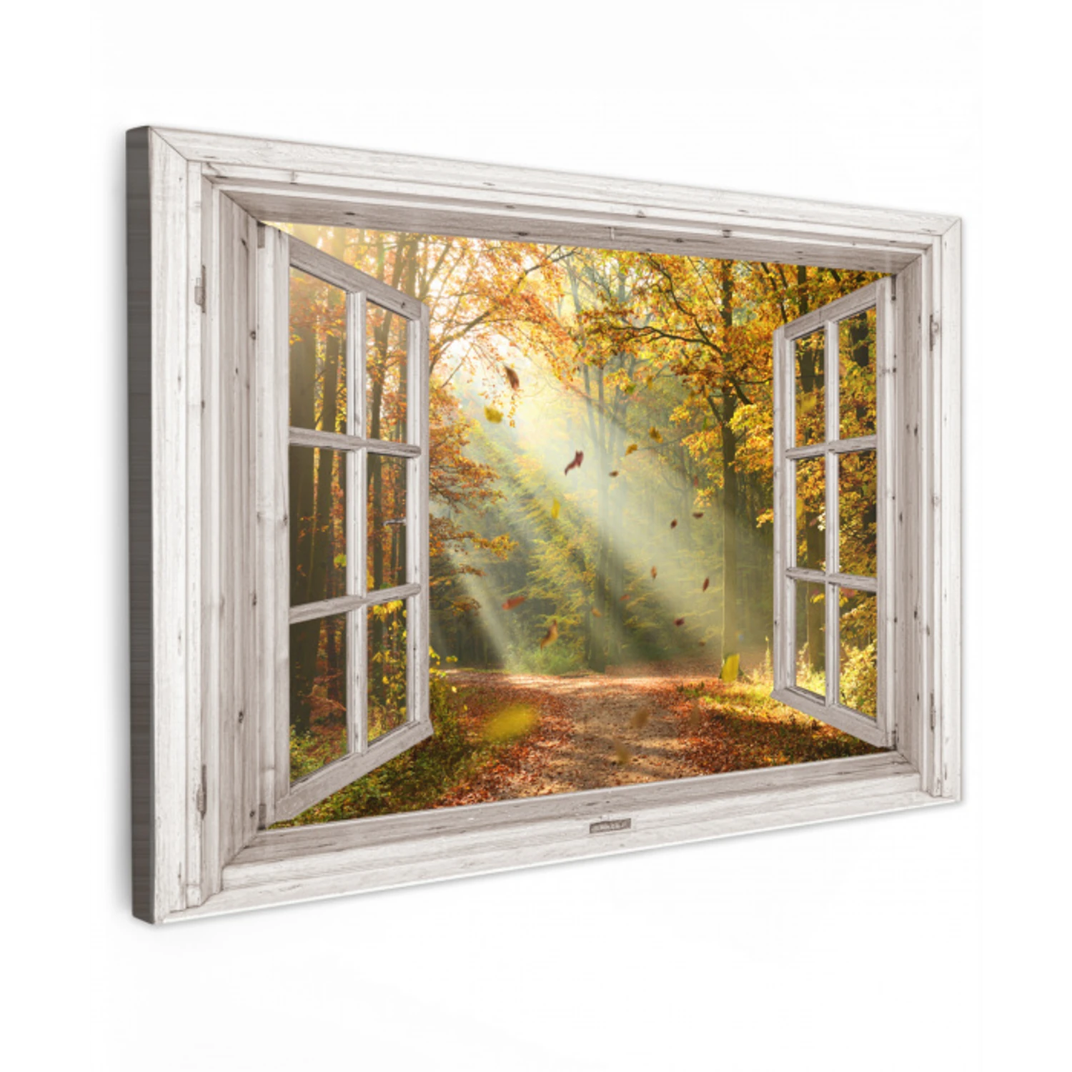 Bos - Bomen - Herfst - Zon - Herfstbladeren - Natuur - Doorkijk Tuinposter op houten frame 2 cm dik klein -3d