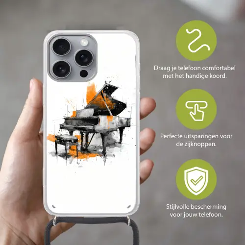 Piano - Oranje - Zwart - schets lijnen Hoesje iPhone 16 Pro Max met koord klein -sfeer2_NL