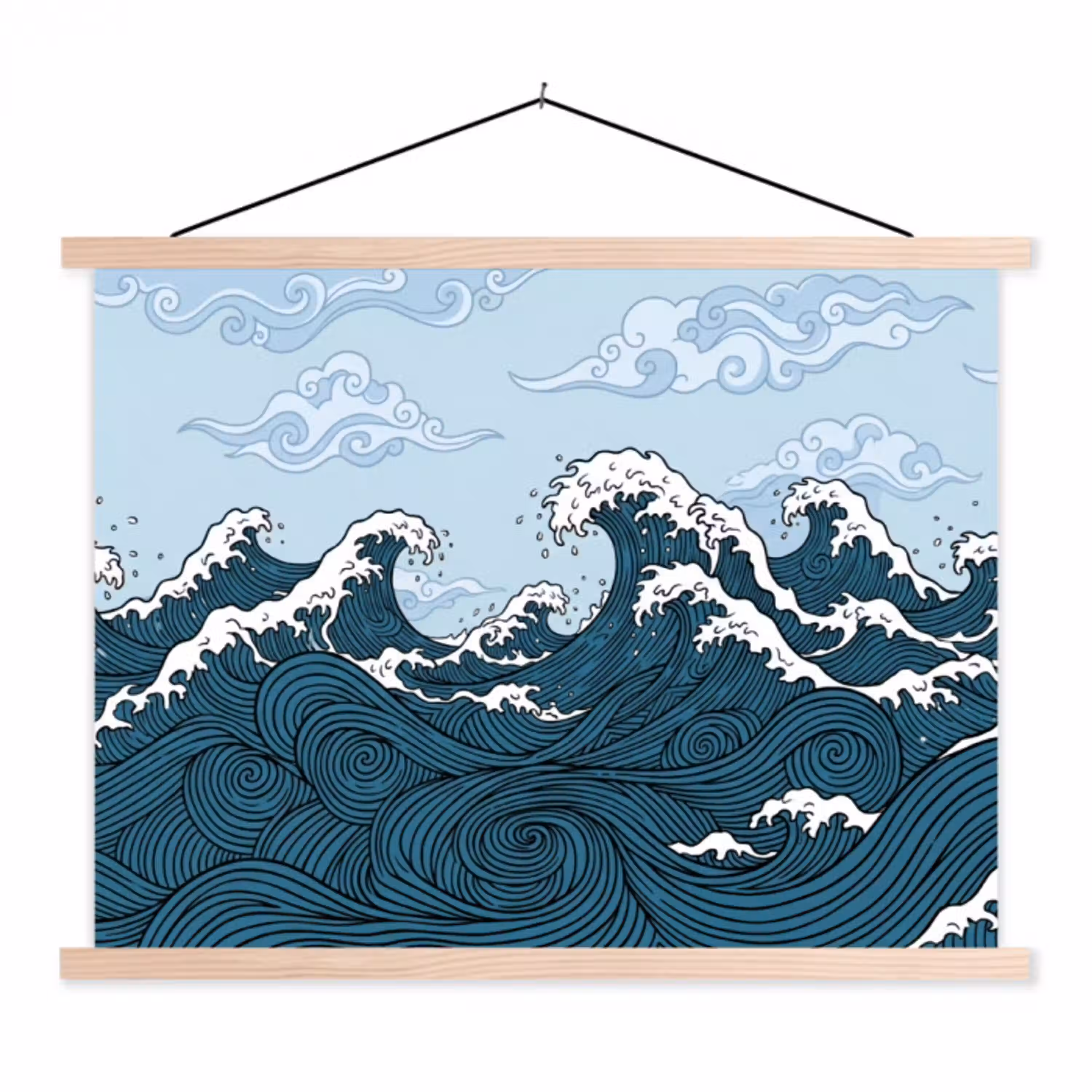 Zee - Golven - Japans - Natuur - Blauw textielposter latten blank klein -3d
