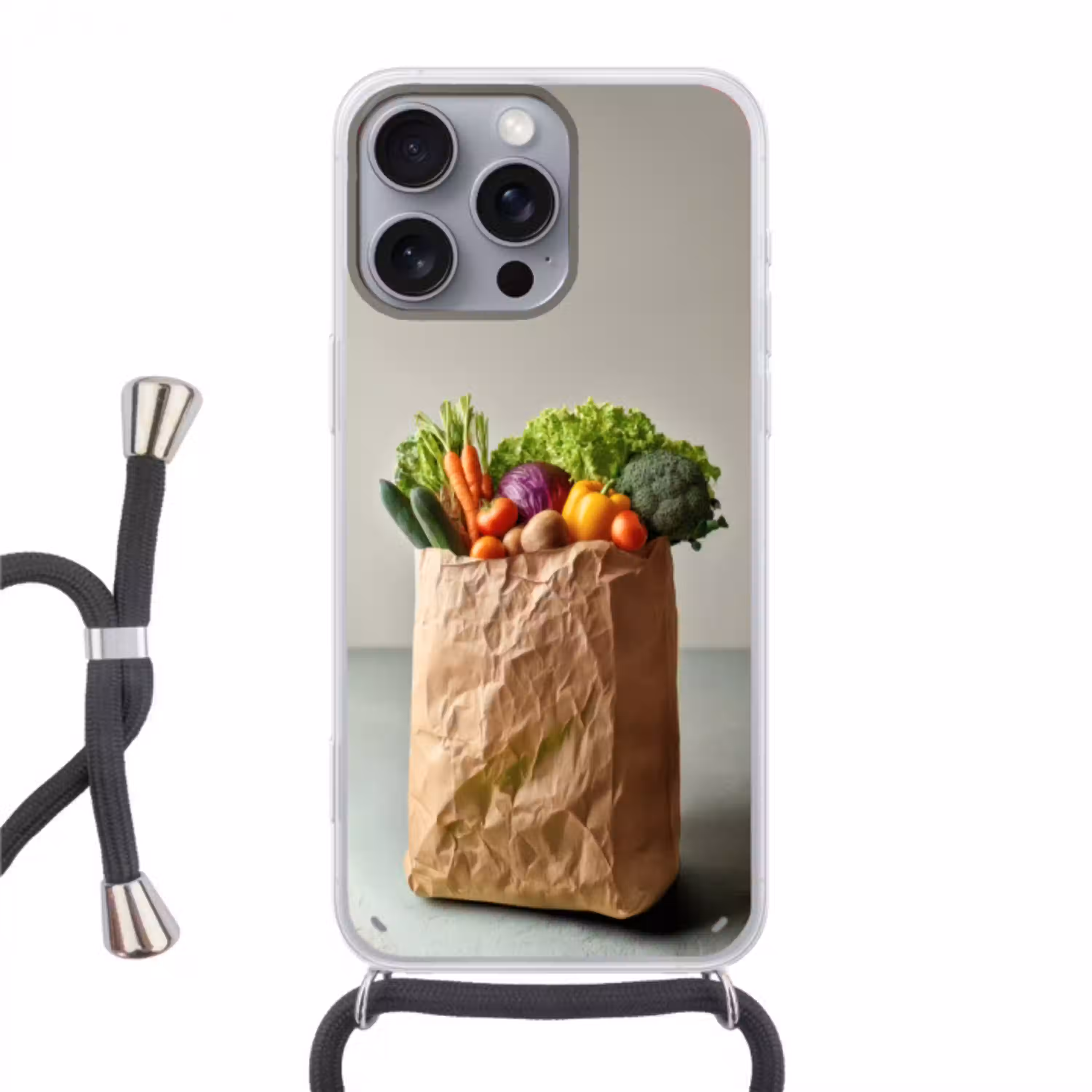 Papieren - Boodschappen - Groente - Kleurrijk Hoesje iPhone 16 Pro Max met koord klein -3d