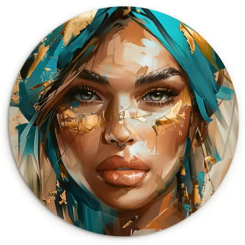 Vrouw - Portret - Goud - Luxe - Blauw Wandcirkel kunststof plaat 5mm dik klein -3d