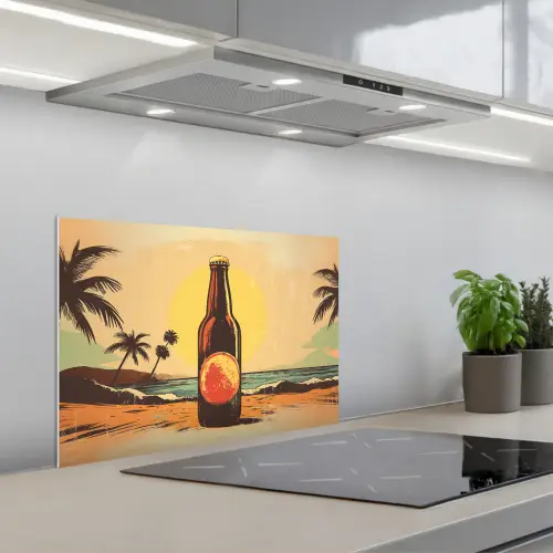 Bierfles - Zonsondergang - Palmbomen - Zee keuken achterwand spatscherm klein -3d_schuin