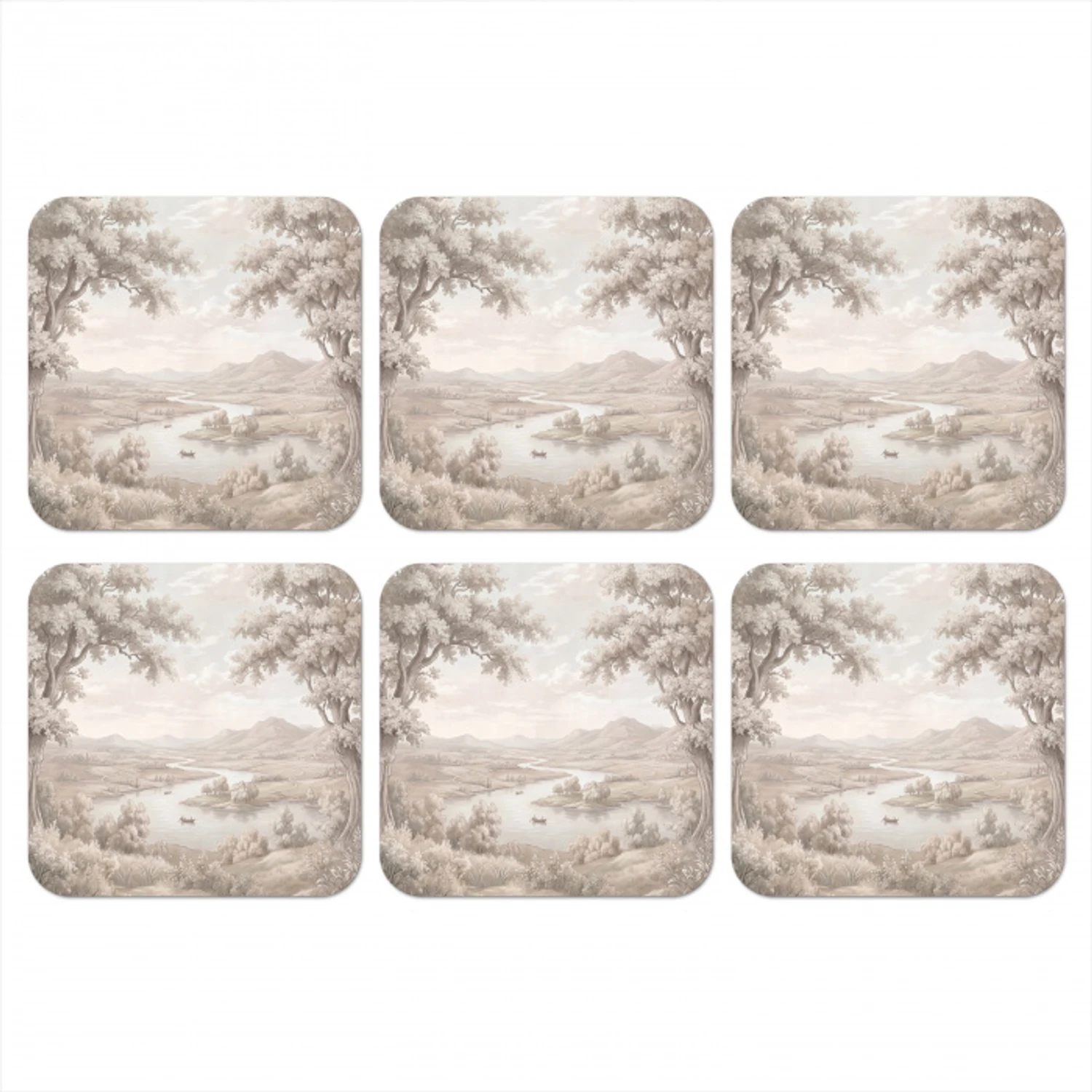 Rivierlandschap - Bergen - Natuur - Vintage - Beige onderzetter kurk middel -3d
