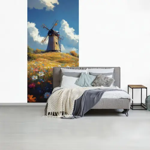Windmolen - Heuvel - Bloemen - Kleurrijk fotobehang vinyl groot -slaapkamer