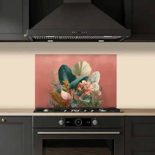 Tropische bladeren - Bloemen - Roze - groen keuken achterwand spatscherm klein -sfeer1