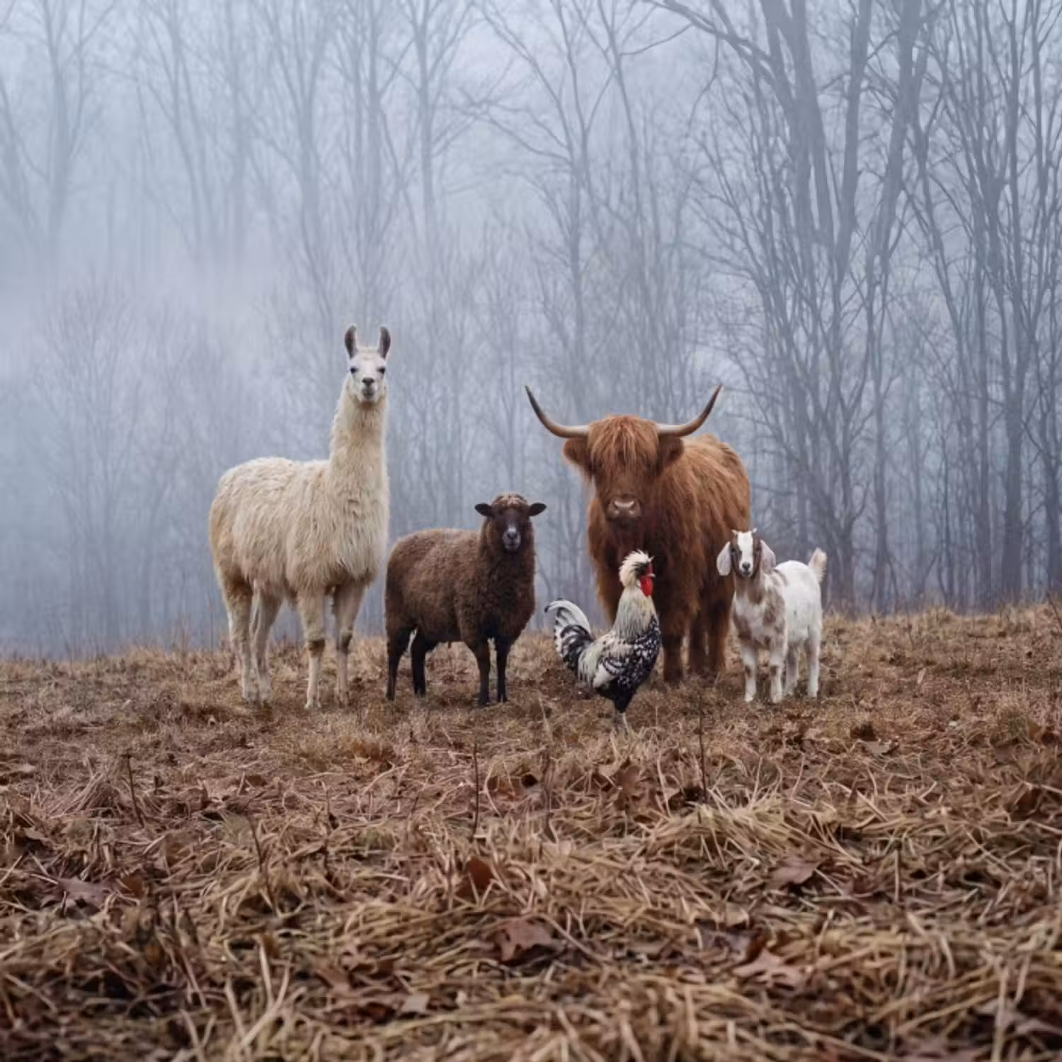 Tapete - Bauernhoftiere - Gruppe - Nebel - Natur - Rustikal