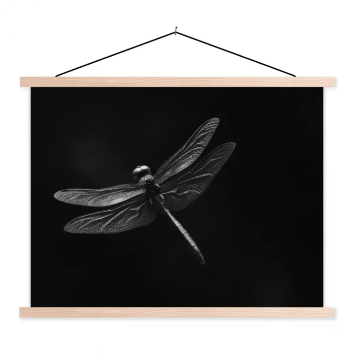 Libelle - Dieren - Zwart - Insect textielposter latten blank klein -3d