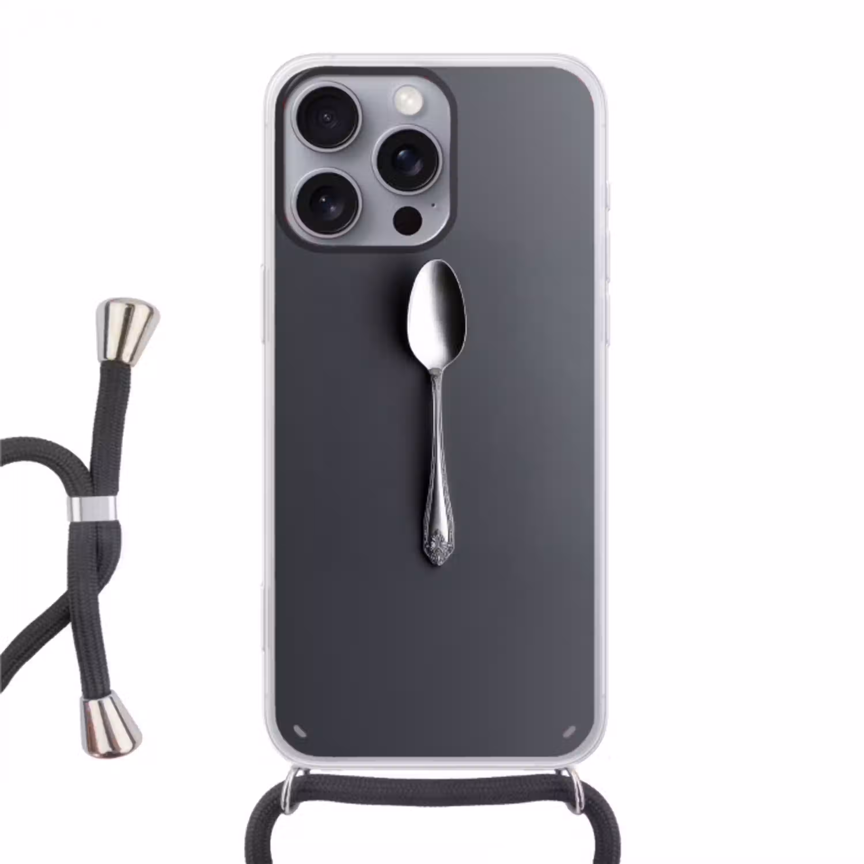 Zilver - Metaal - Lepel Hoesje iPhone 16 Pro Max met koord klein -3d
