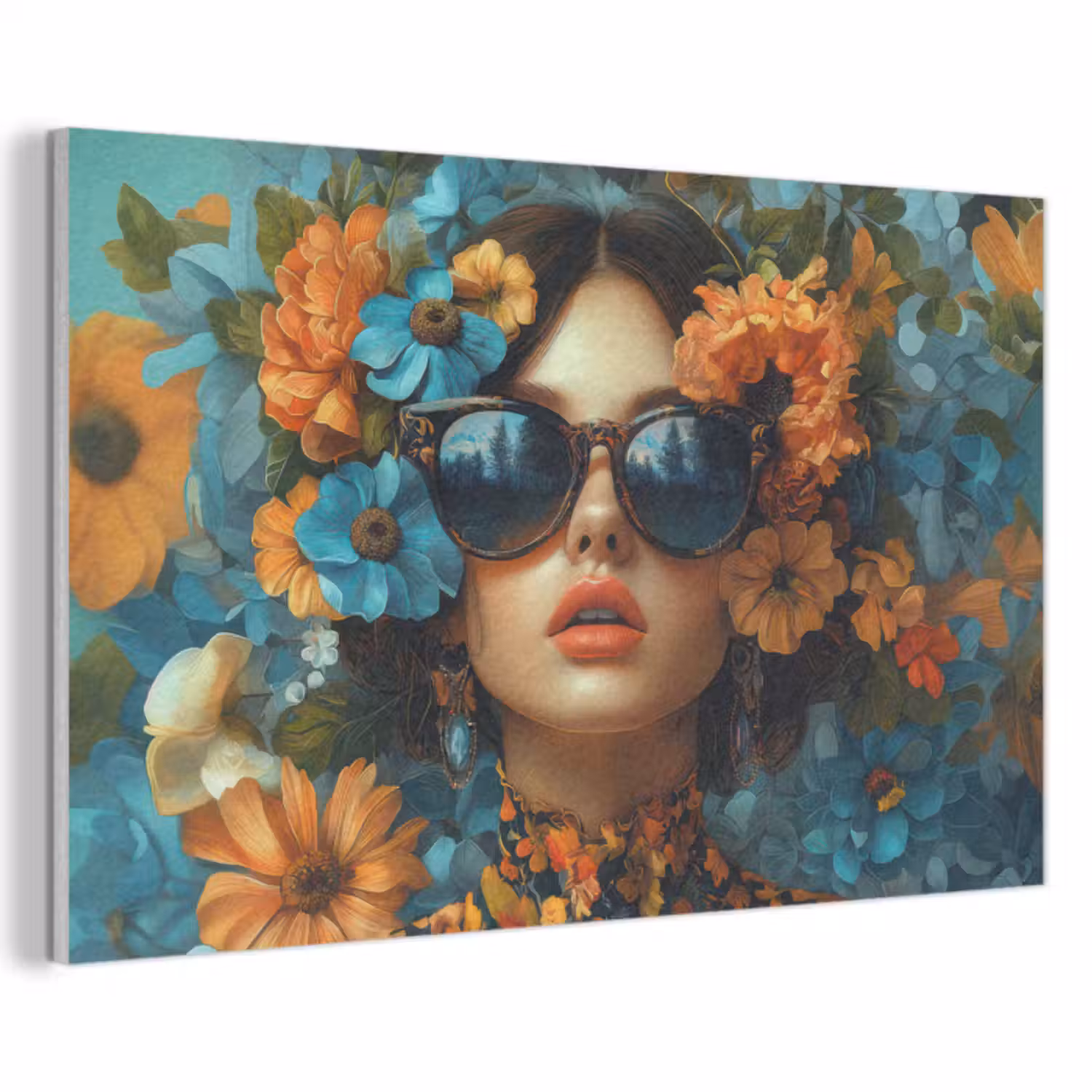 Akoestisch schilderij - Vrouw - Bloemen - Oranje - Blauw - Modern
