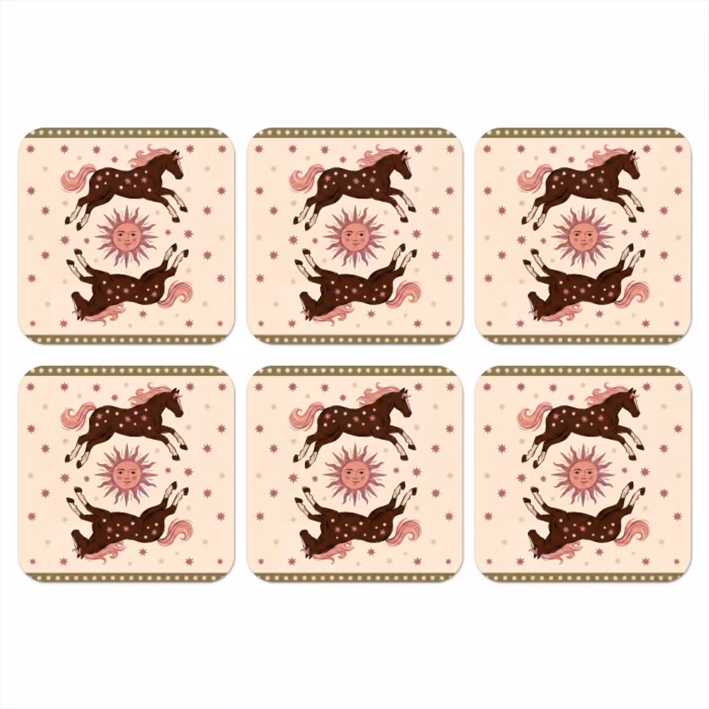 Paard - Zon - Mystiek - Illustratie - Roze onderzetter kurk middel -3d