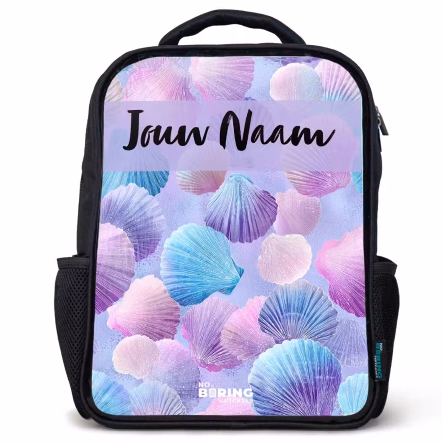 Kinderrugzak met naam - Zwart - Schelpen - Paars - Blauw - Patroon