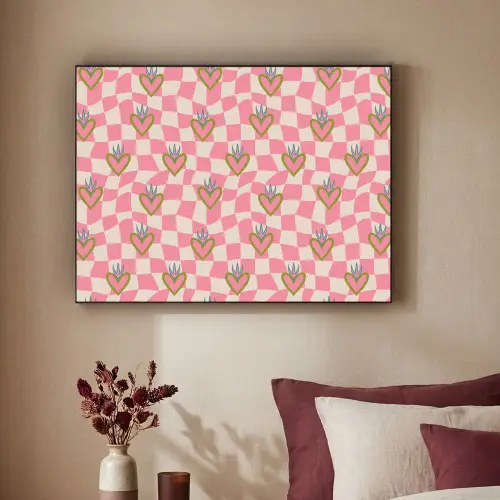 Roze - Retro - Patroon - Geblokt Textielframe zwart klein 947 -sfeer1