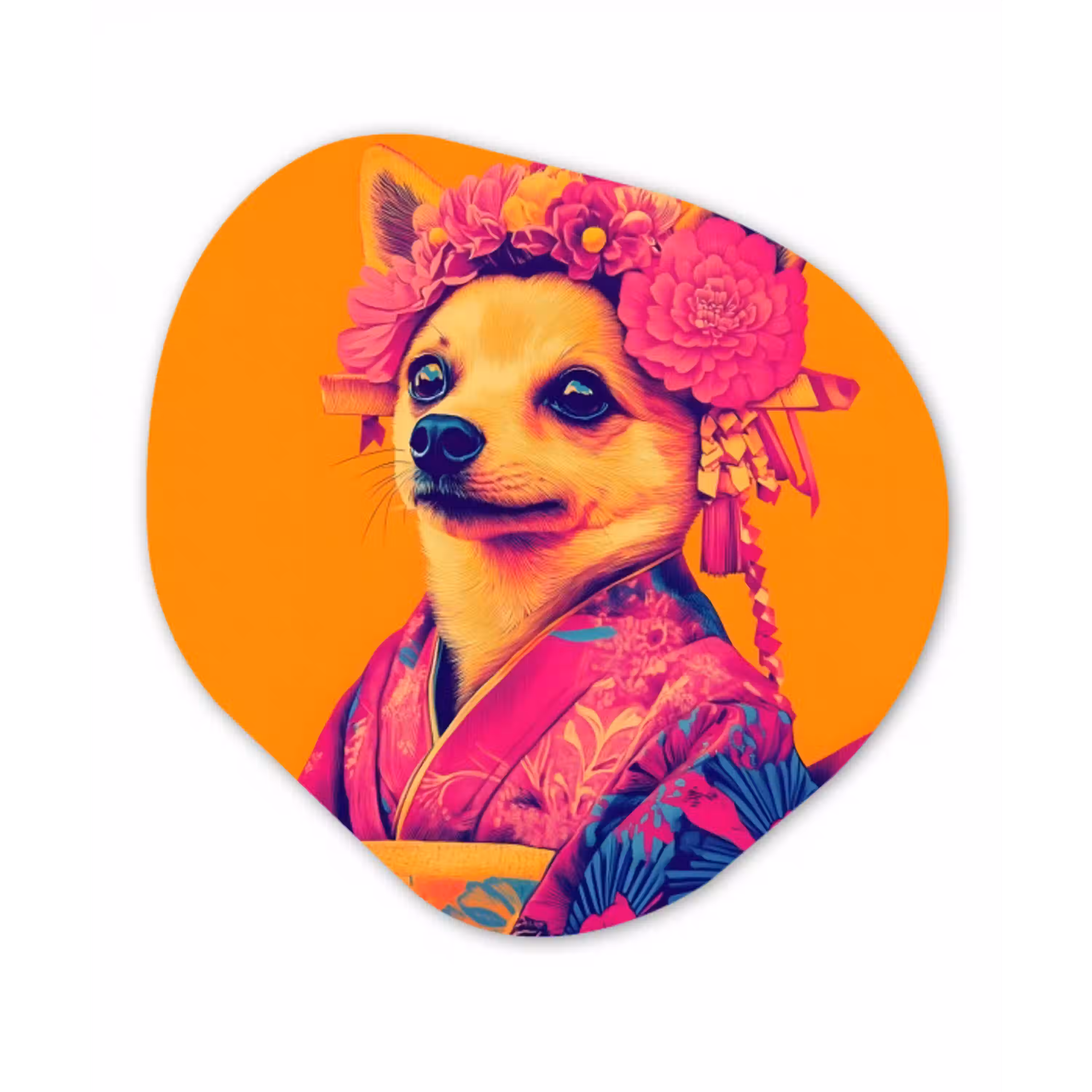 Kimono - Hondje - Bloemenkroon - Oranje Wandcirkel Organisch Plexiglas middel -3d