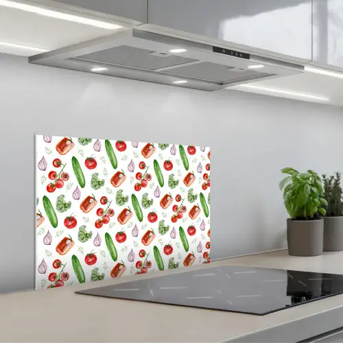 Tomaat - Paprika - Komkommer - Patroon keuken achterwand spatscherm klein 900 -3d_schuin