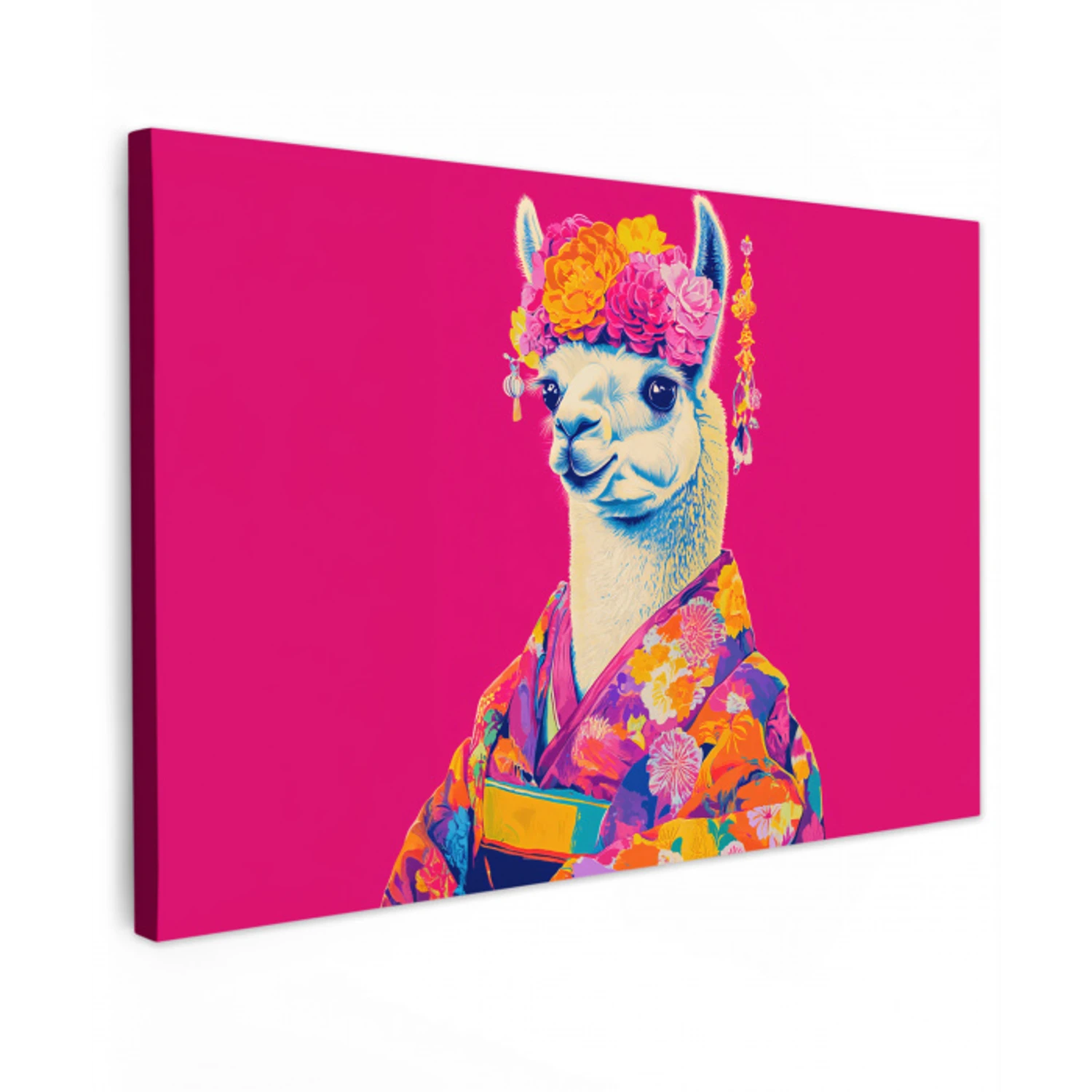 Lama - Kimono - Bloemenkrans - Felroze Tuinposter op houten frame 2 cm dik klein -3d