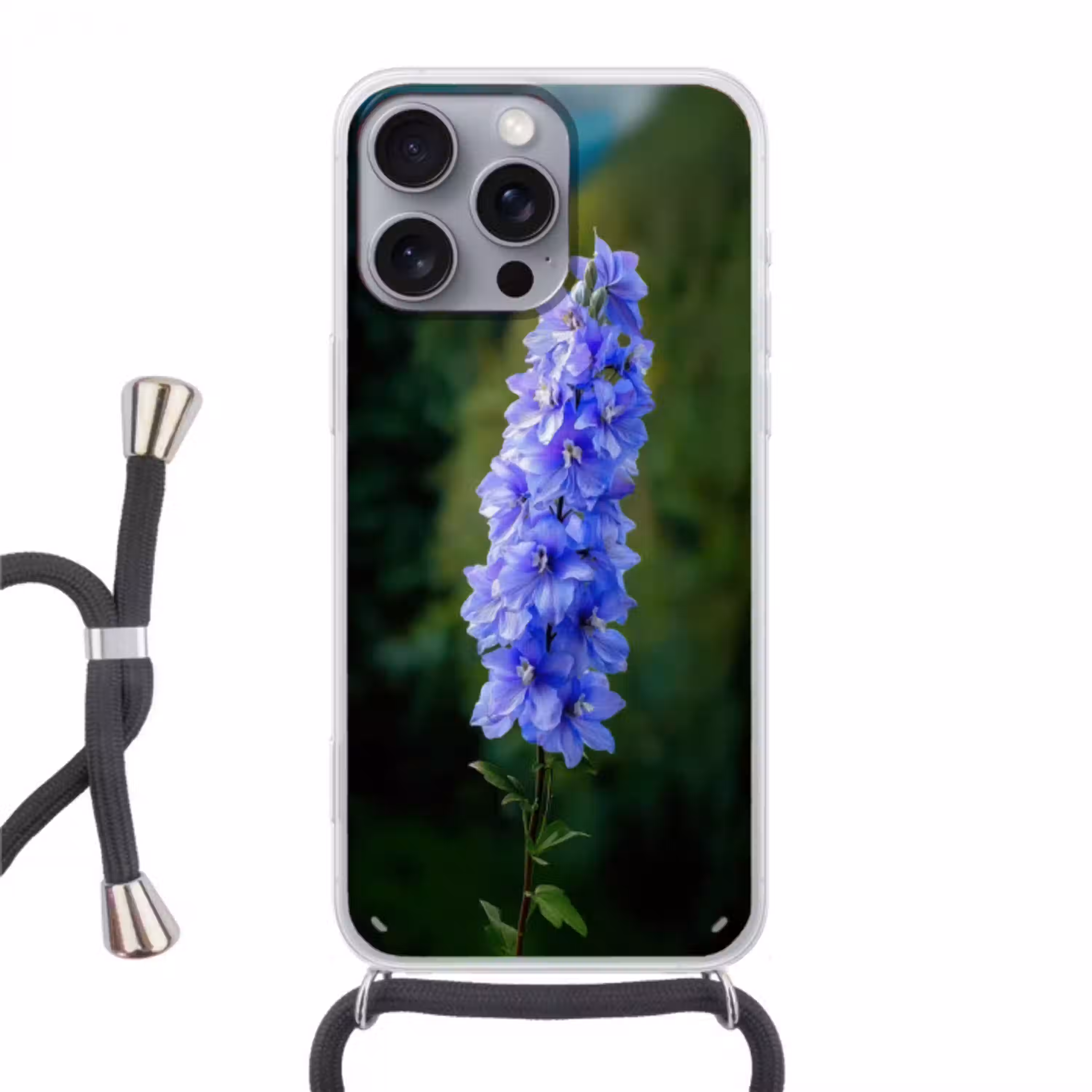 Bloemen - Blauw - Dennenboom Hoesje iPhone 16 Pro Max met koord klein -3d