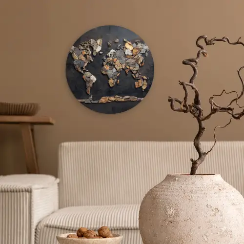 Wereldkaart - Stenen - Realistisch Wandcirkel plexiglas klein -sfeer1