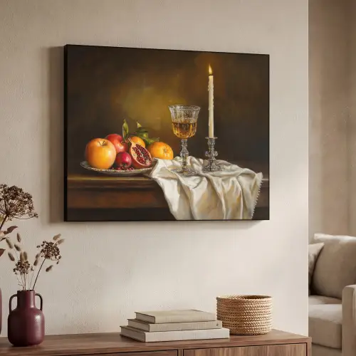 Fruit -  Stilleven - Wijn - Kaars Textielframe zwart klein -sfeer3