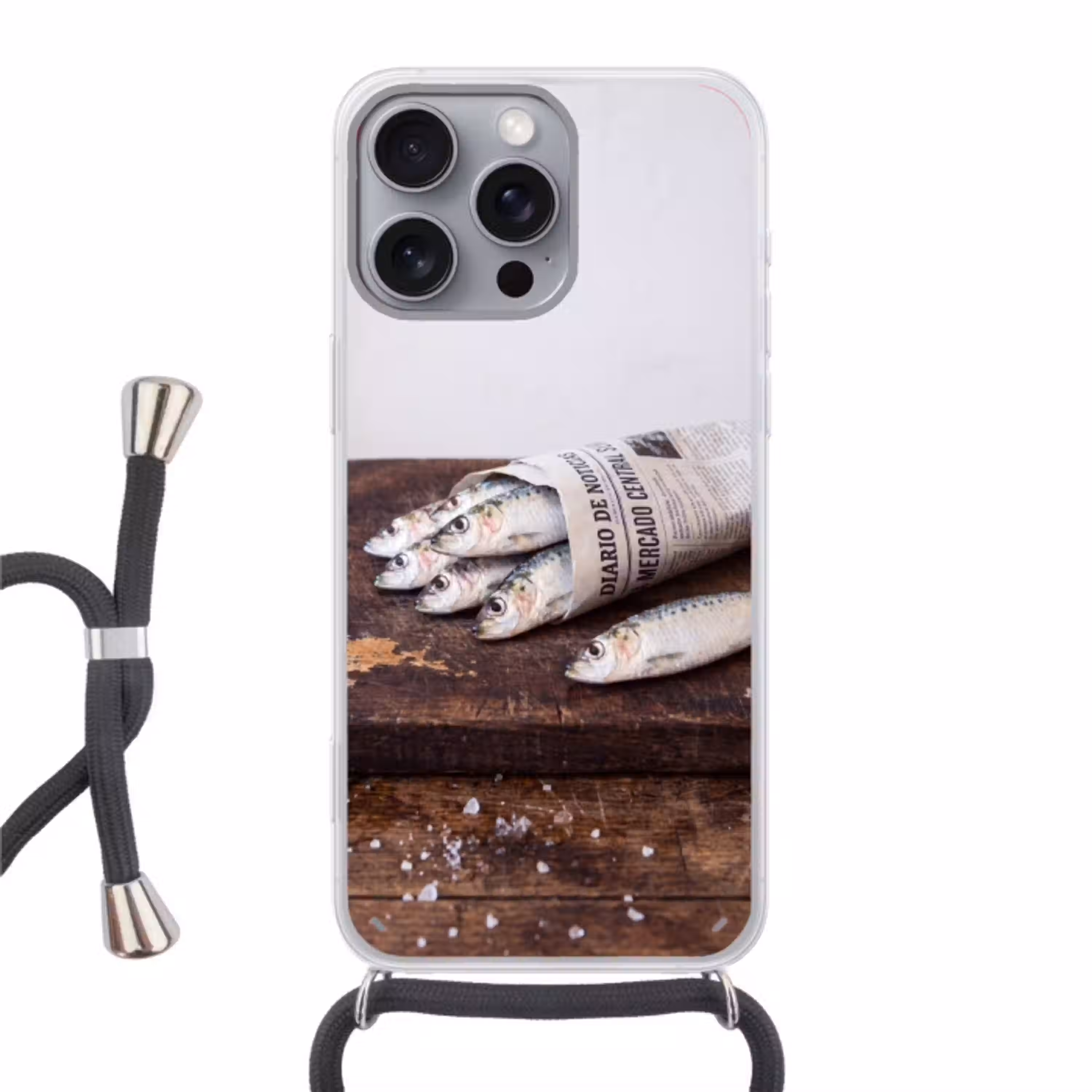 Sardientje - krant - snijplank Hoesje iPhone 16 Pro Max met koord klein -3d