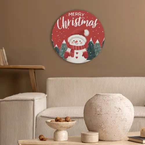 Kerstgroet - Sneeuw - Rood Akoestische PET Vilt - Rond klein -sfeer1
