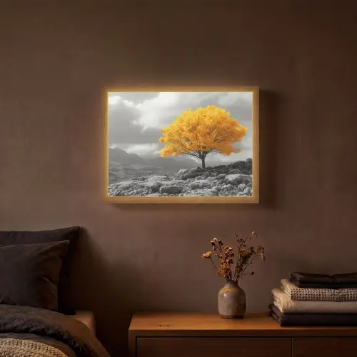 Boom - Geel - Natuur - Zwart wit Light Box met batterij (Wandlamp) middel -sfeer4