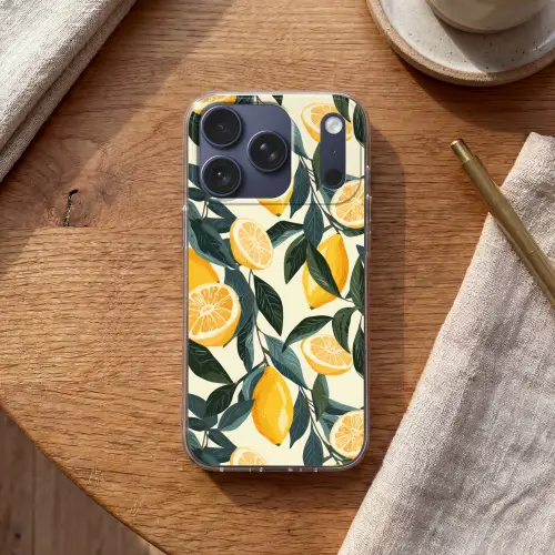 Citroenen - Vruchten - Bladeren - Geel  - Groen - Beige Telefoonhoesje iPhone 17 Pro klein -sfeer1