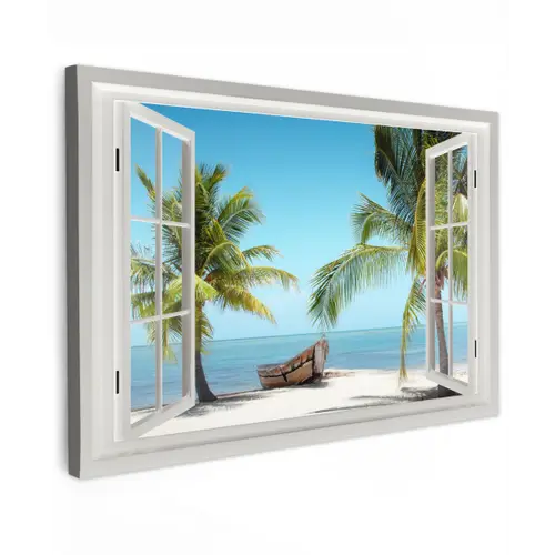 Doorkijk - Strand - Palmboom - Boot - Tropisch - Zee - Blauw Tuinposter op houten frame 2 cm dik klein -3d
