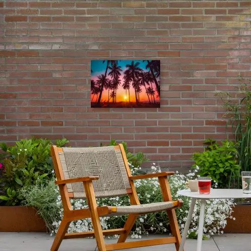 Palmboom - Zonsondergang - Horizon - Strand - Oranje - Roze Tuinposter op houten frame 2 cm dik klein -sfeer3