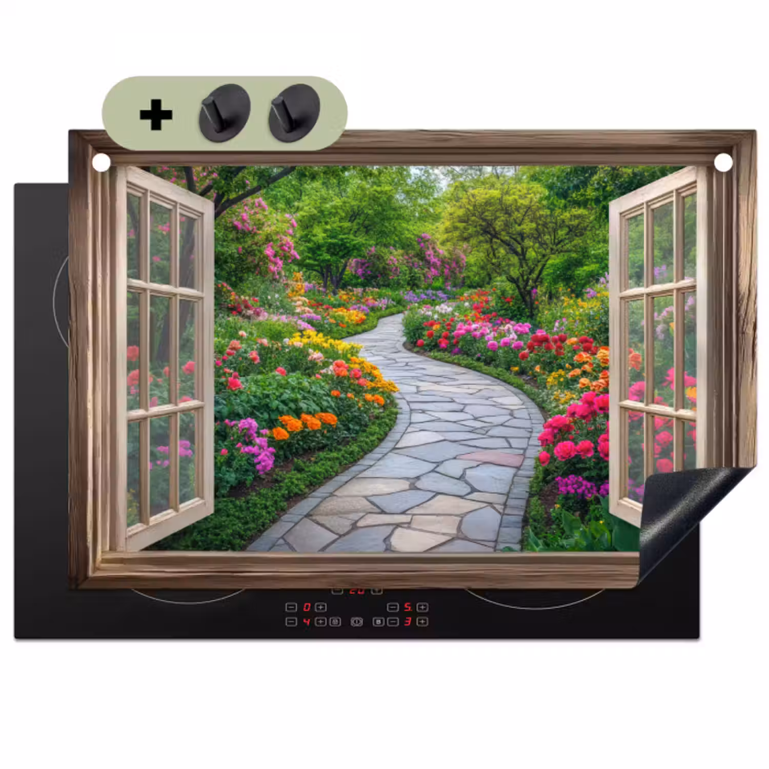 Inductie beschermer en spatscherm (2in1) - Doorkijk - Bloemen - Tuinpad - Natuur - Raam