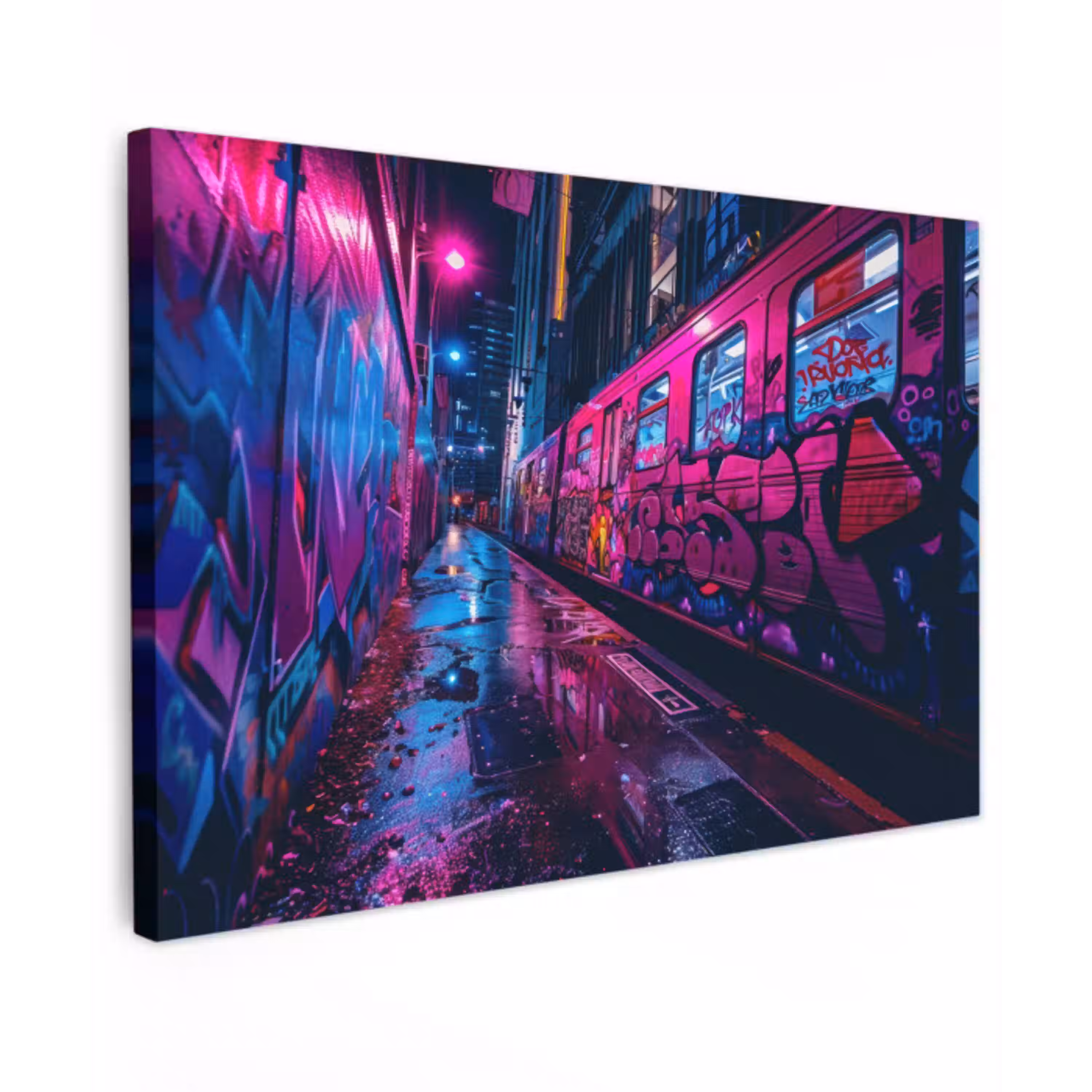 Stad - Neon -  Nacht - Roze - Graffiti canvas 2cm klein -z3d