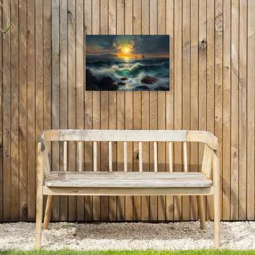 Zee - Zon - Golven - Rotsen Tuinposter op houten frame 2 cm dik klein -sfeer4