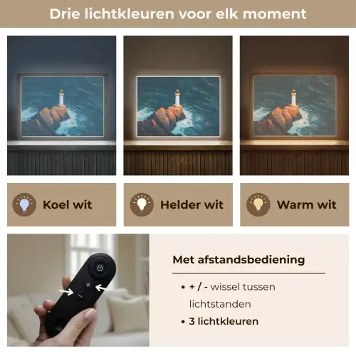 Vuurtoren - Rots - Zee - Golven Light Box met batterij (Wandlamp) middel -USP_lichtkleurNL