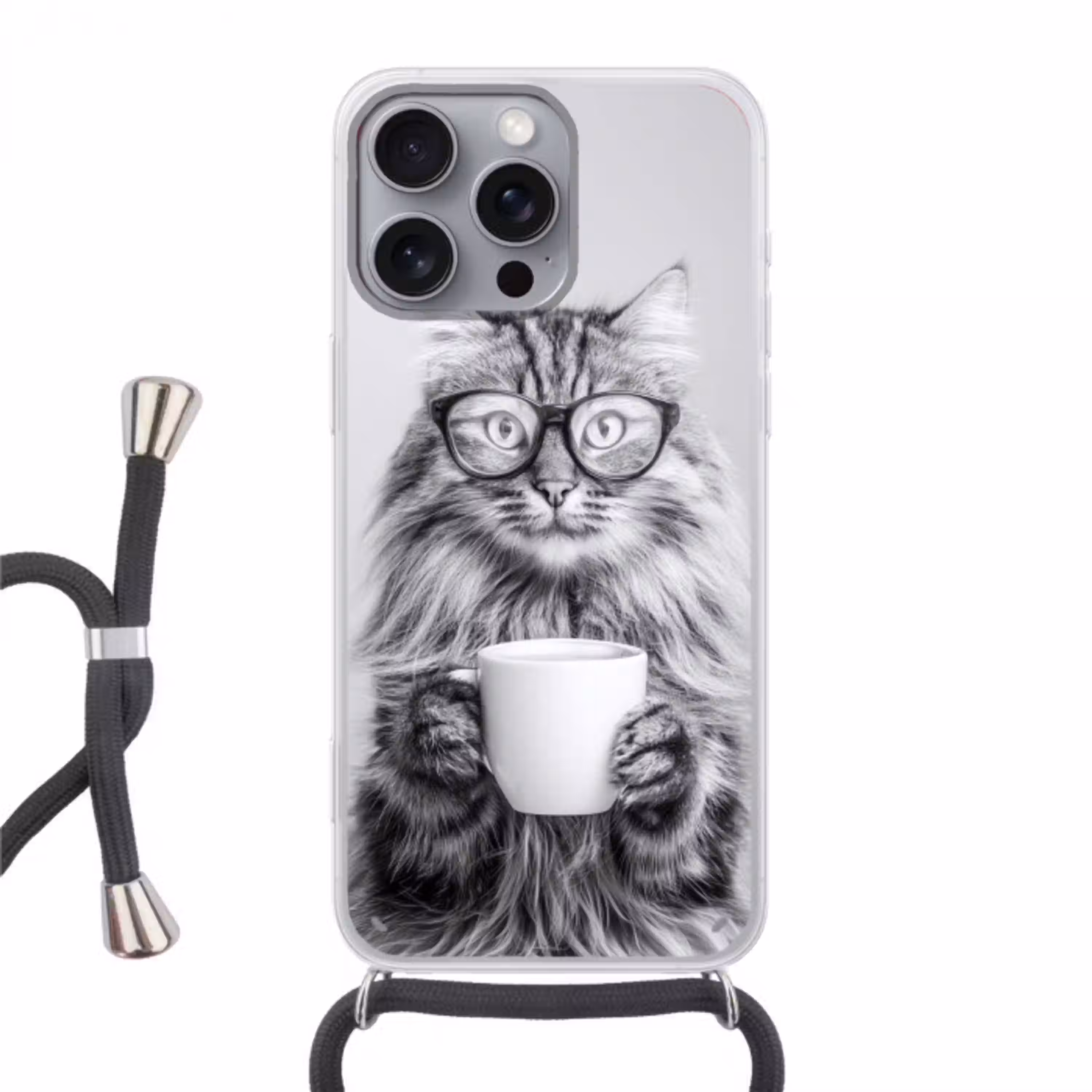 Kat - Bril - Mok - Pluizig Hoesje iPhone 16 Pro Max met koord klein -3d