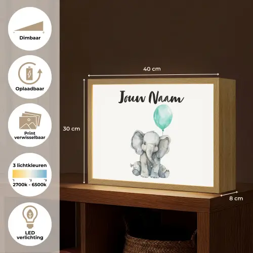 Olifant - Baby - Dieren - Blauwe ballon Light Box met batterij (Wandlamp kind) middel -USP_websiteoverzichtNL