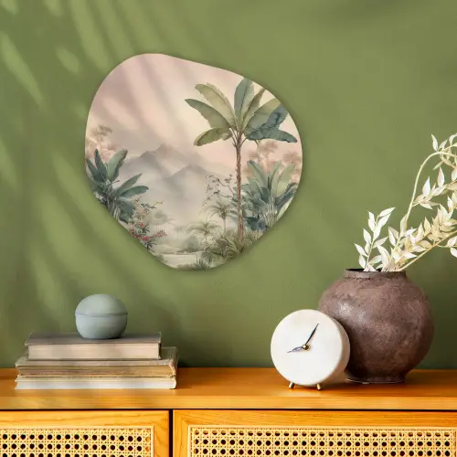 Tropisch landschap - palmbomen - Bloemen - Roze lucht Wandcirkel Organisch Forex 3mm klein -sfeer2
