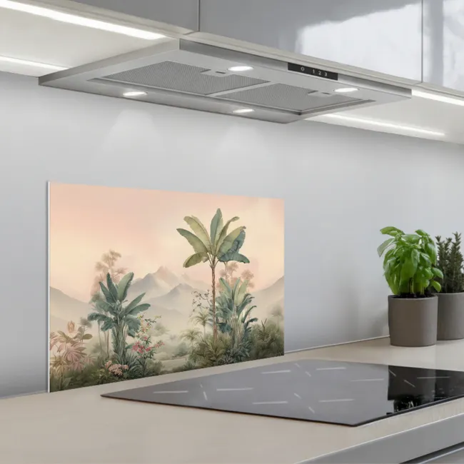 Tropisch landschap - palmbomen - Bloemen - Roze lucht keuken achterwand spatscherm klein -3d_schuin