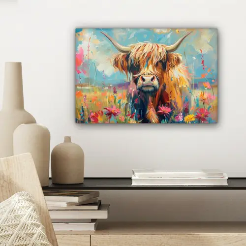 Schotse hooglander - Natuur - Kleurrijk - Bloemen canvas 2cm klein -sfeer6