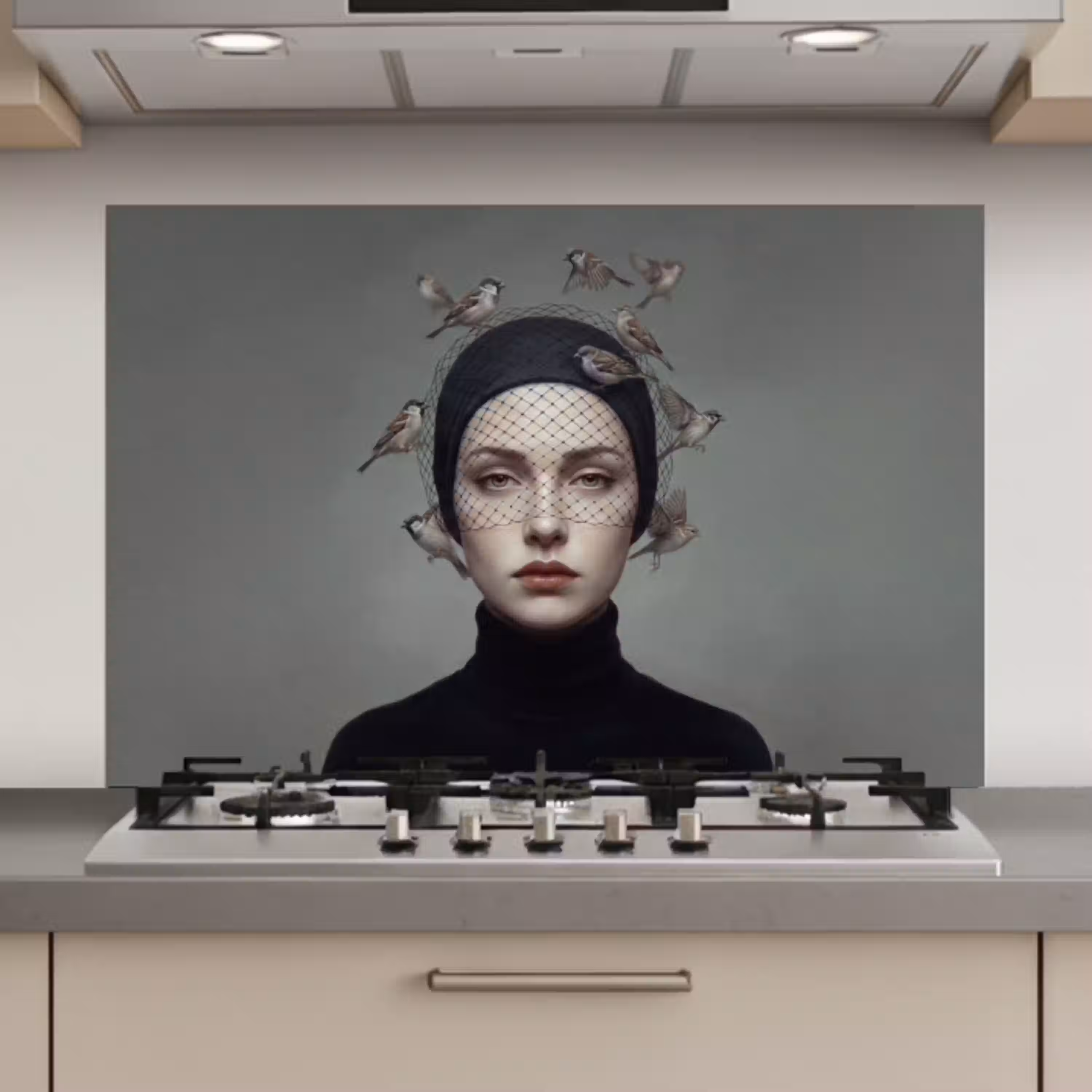 Portret - Vogels - Zwart keuken achterwand spatscherm klein -3d_website