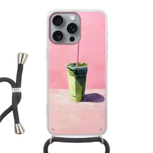 Beker - Rietje - Minimalistisch - Groen Hoesje iPhone 16 Pro Max met koord klein -3d