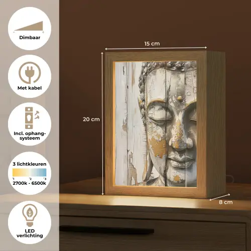 Boeddha - Houtlook - Modern - Industrieel Light Box met kabel (Tafellamp) klein -USP_NL