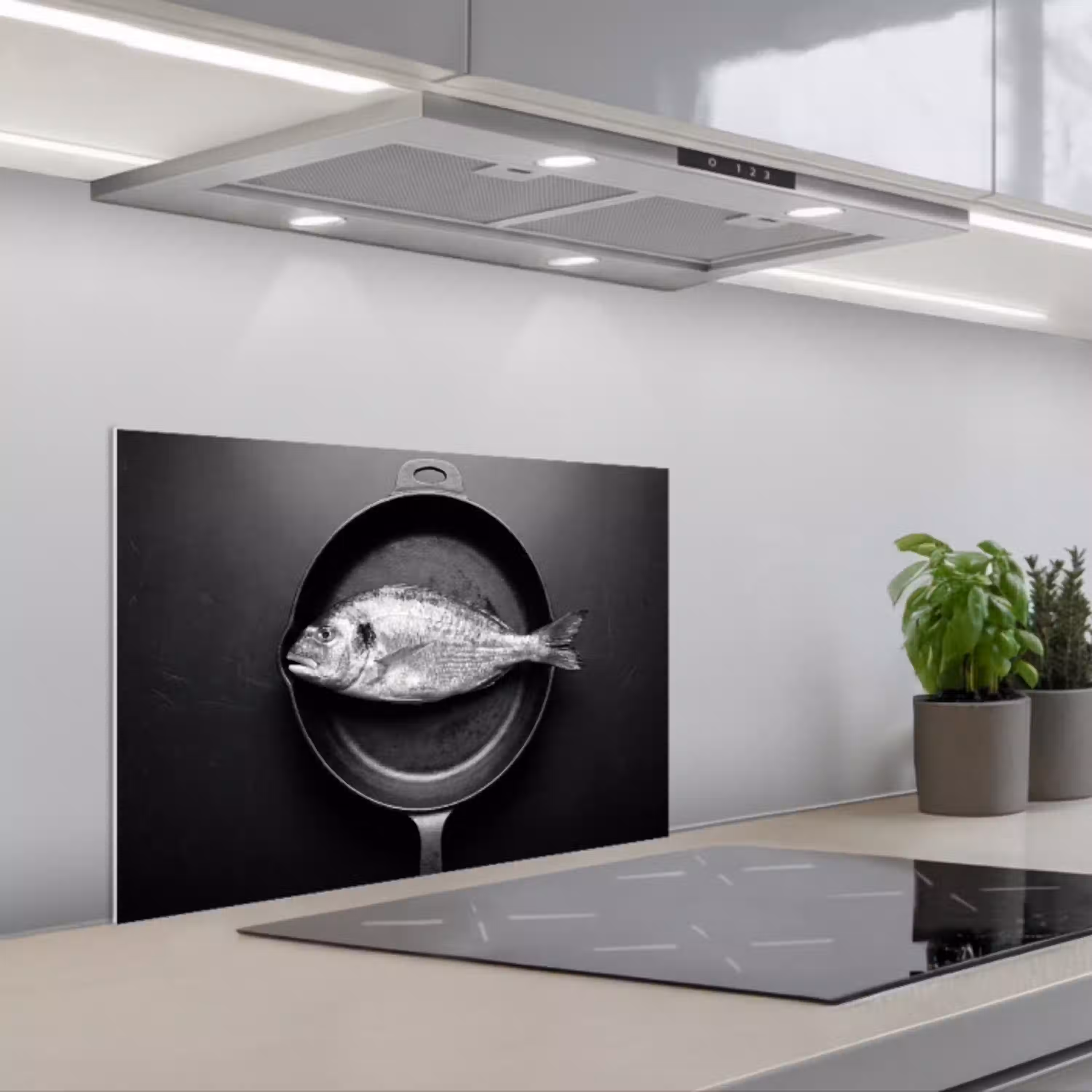 Pan - Vis - Zwart - Wit keuken achterwand spatscherm klein -3d_schuin