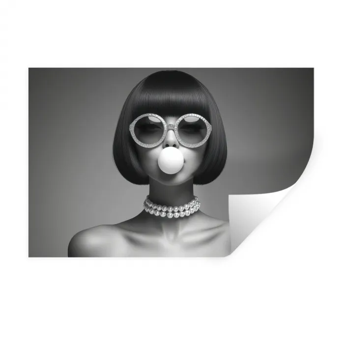 Vrouw - Zwart Wit - Ketting - Zonnebril Muursticker klein -3d