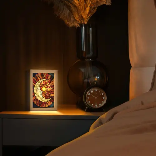Mozaïek - Glas - Maan - Donkerblauw Light Box met kabel (Tafellamp) klein -sfeer1