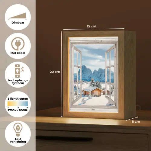 Winterlandschap - Huisje - Bergen - Uitzicht - Doorkijk - Natuur Light Box met kabel (Tafellamp) klein -USP_NL