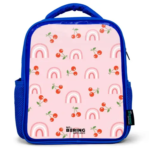 Roze met regenboog en kersen patroon Kinderrugzak - Blauw middel -3d