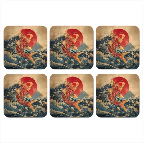 Koi - Zee - Golven - Zon onderzetter kurk middel -3d