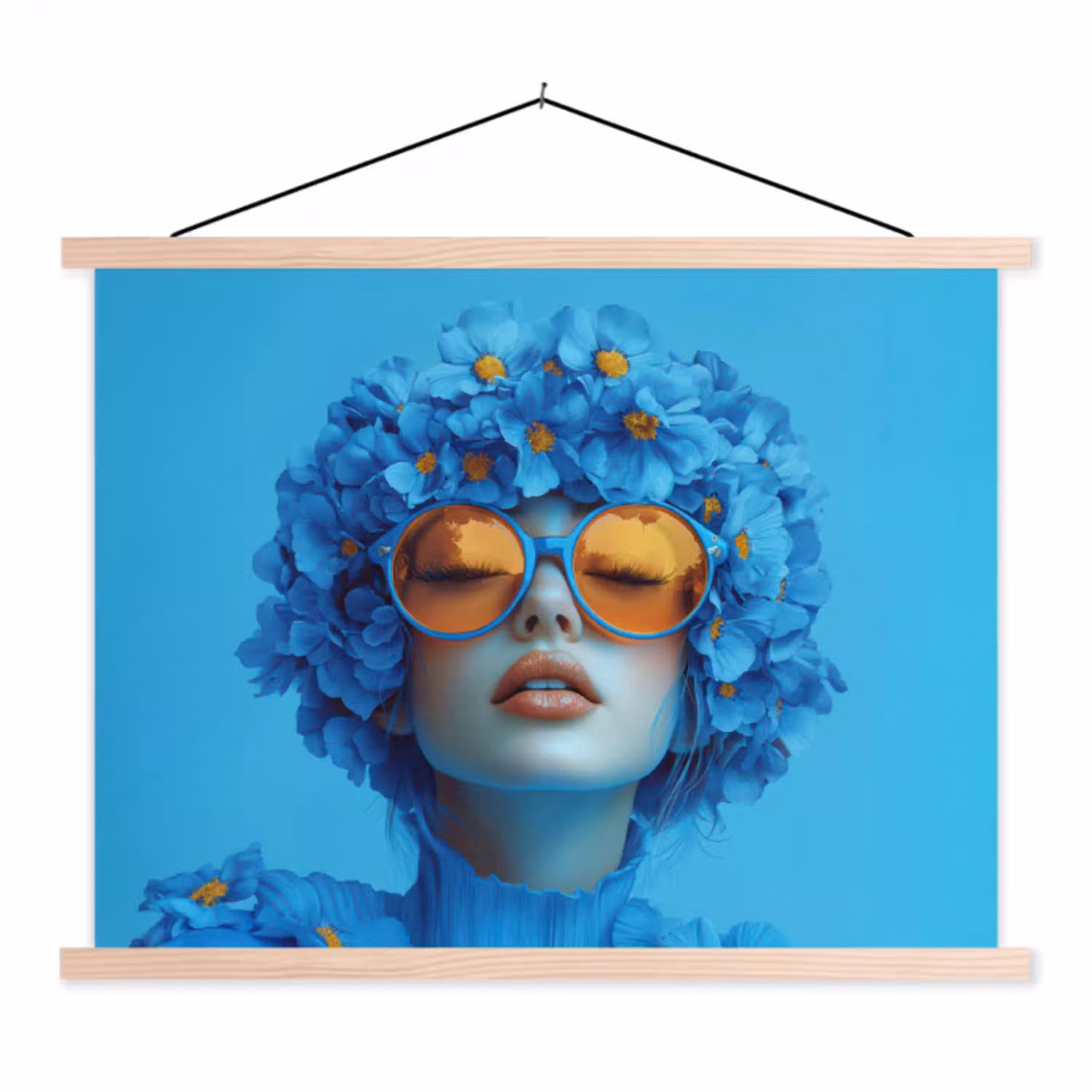 Vrouw - Bloem - Blauw - Modern - Bril - Portret textielposter latten blank klein -3d