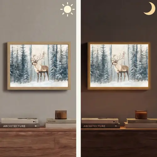 Rendier - Sneeuw - Woud - Wit Light Box met batterij (Wandlamp) middel -sfeer3