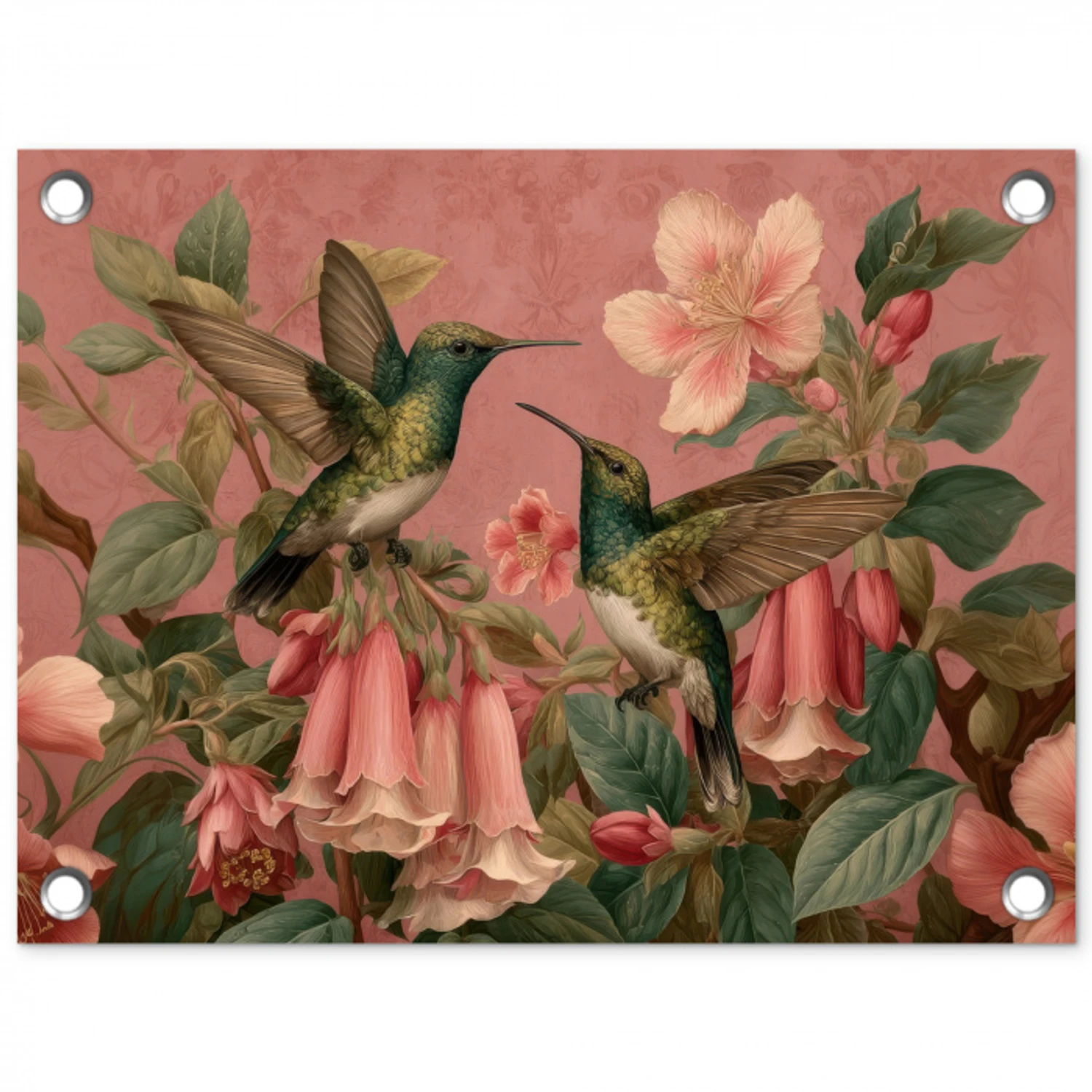 Kolibries - Bloemen - Groen - Roze tuinposter los doek klein -3d