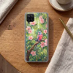 Papagaai - Hibiscusbloemen - Kleurrijk Telefoonhoesje Samsung Galaxy A12 klein -sfeer1
